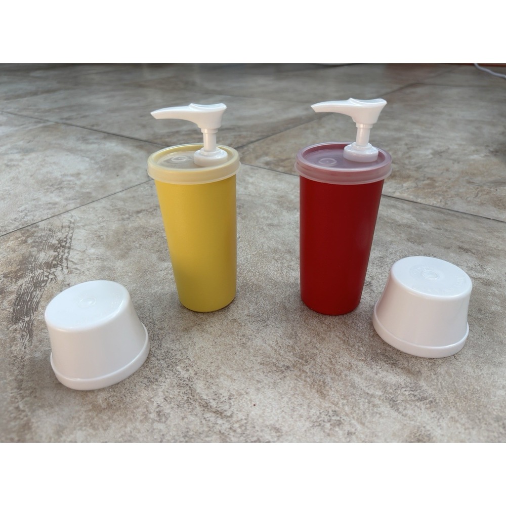 Tupperware Vintage Ketchup Catsup and Mustard Pump Dispenser 1329 w Lids & Pumps